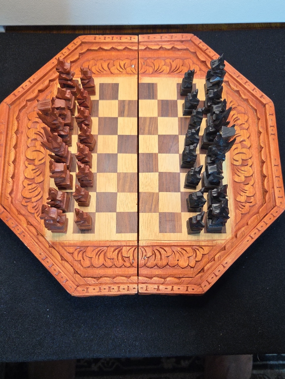 Hand-Carved Octagonal Wooden Chess Set - Brown & Black